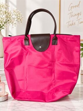 Hot Pink Nylon Tote Bag Brown Handles Zip Top Large Carryall Y2K Barbiecore Chic
